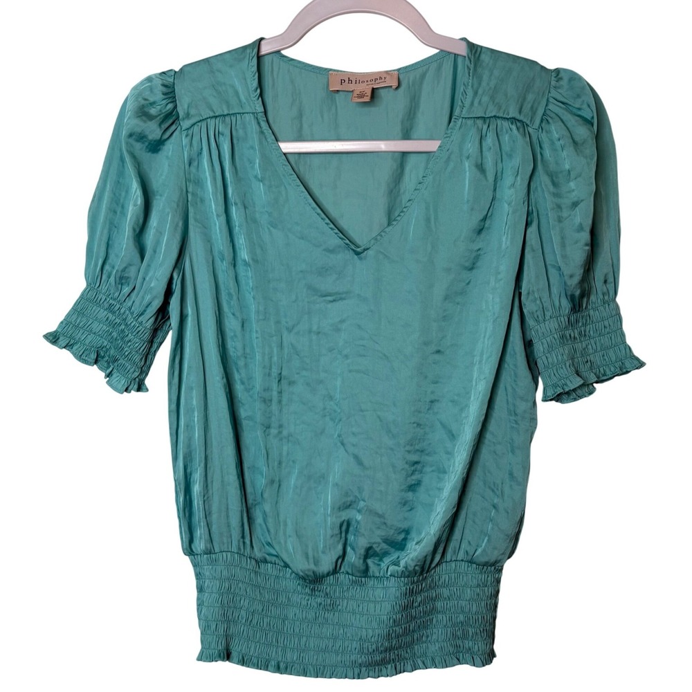 Philosophy Teal Satin Smocked Blouse Puff Sleeve Romantic Coquette Crop Top S/P